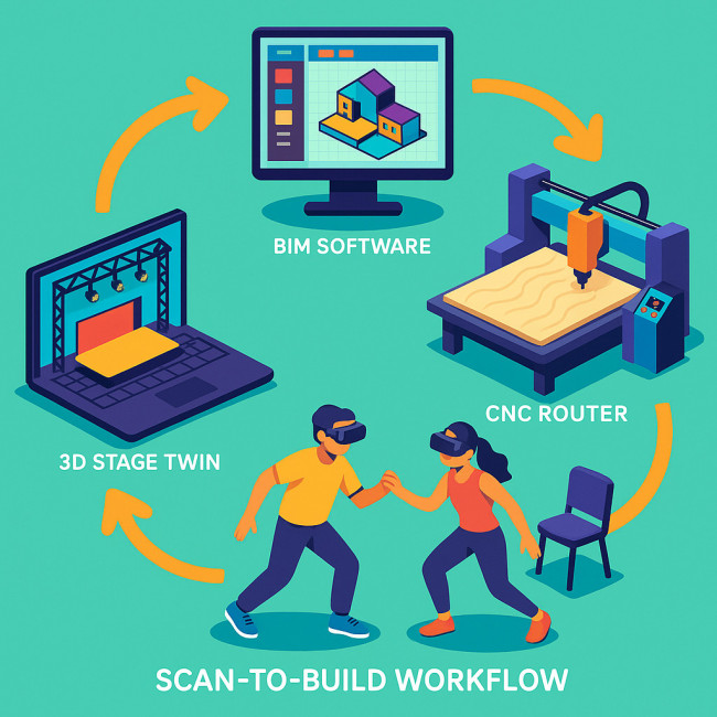 Infographic of scan-to-build workflow for stage sets