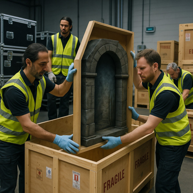 Art handlers crating scenographic set pieces in a logistics warehouse