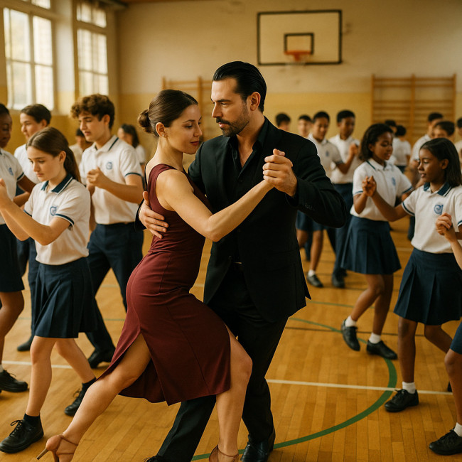 Teen students practise tango steps with professional instructors in a school gym