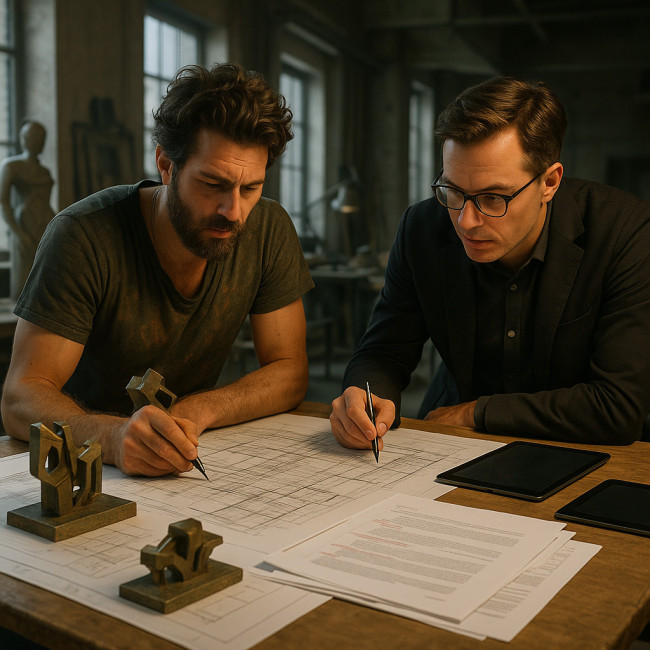 Sculptor and architect discussing contract details amid blueprints and maquettes