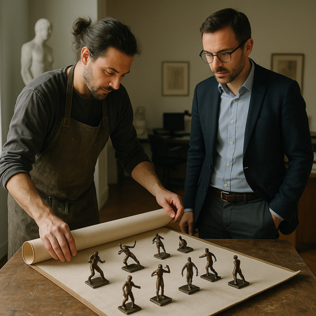 Sculptor and curator reviewing bronze maquettes in a gallery office