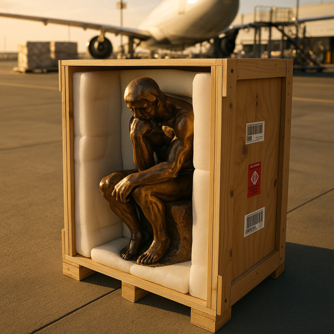 Bronze sculpture secured inside a custom crate during international shipment
