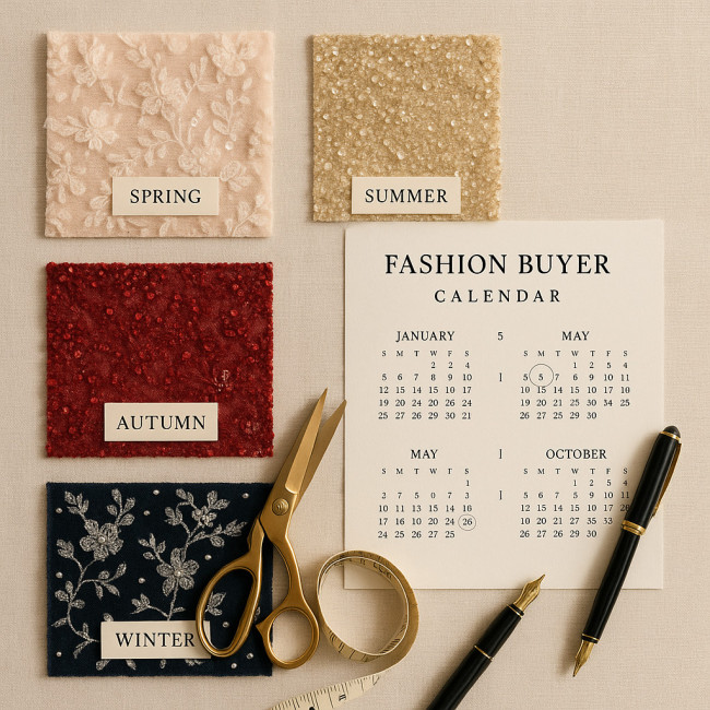 Couture fabric swatches beside buyer calendar