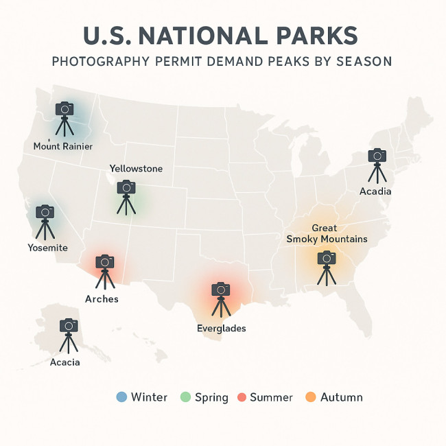Stylized map showing seasonal permit demand hotspots across seasons