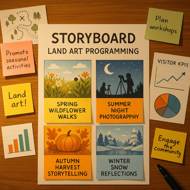 Storyboard collage depicting seasonal land art events and KPIs