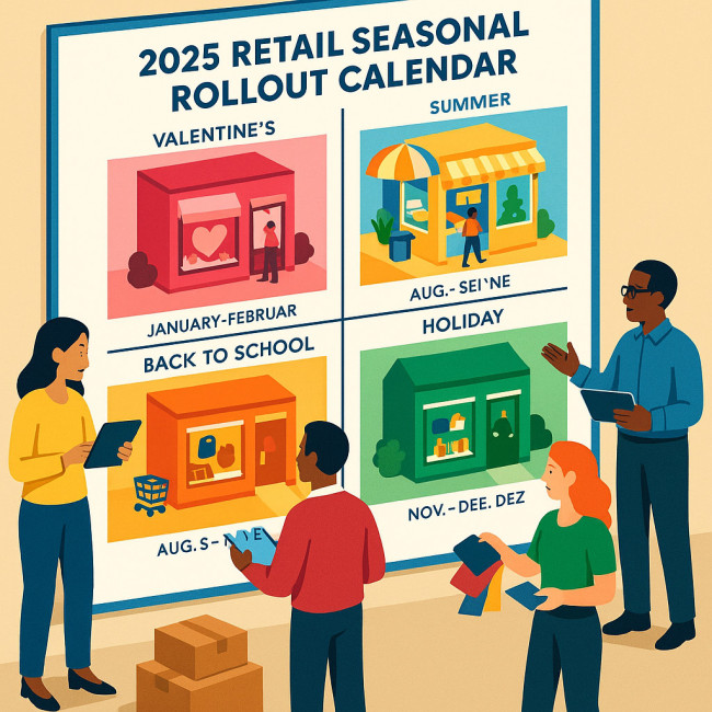 Illustration of a retail seasonal rollout calendar with team collaboration