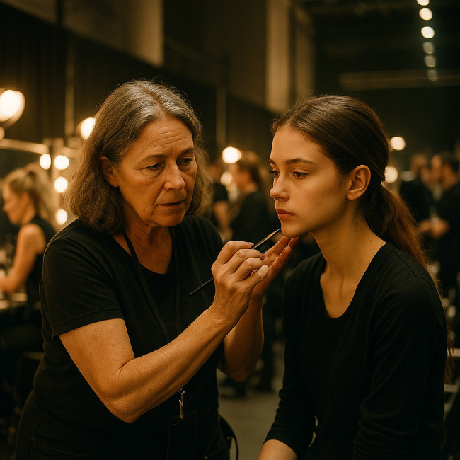 mentor maquilleur guiding apprentice backstage