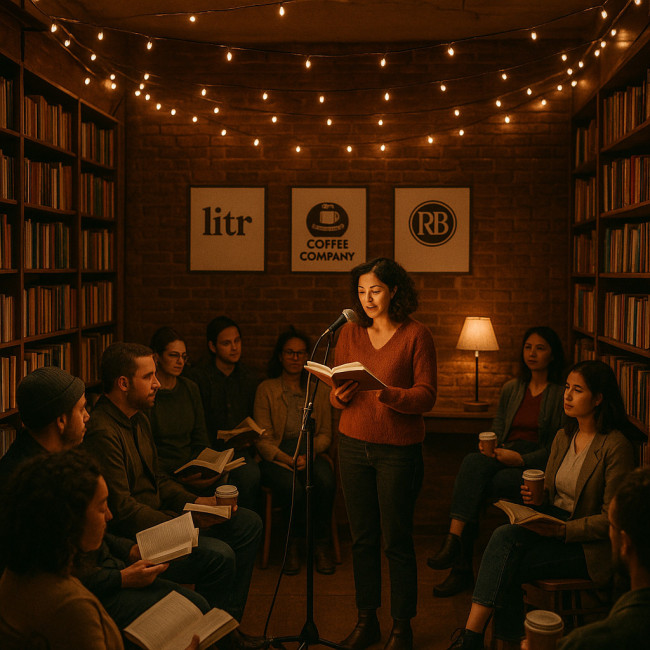 Author reading in a warmly lit indie venue