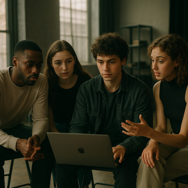 Actors in a studio reviewing a self-tape together