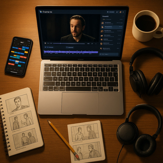 Flat lay of actor's desk with video review tools