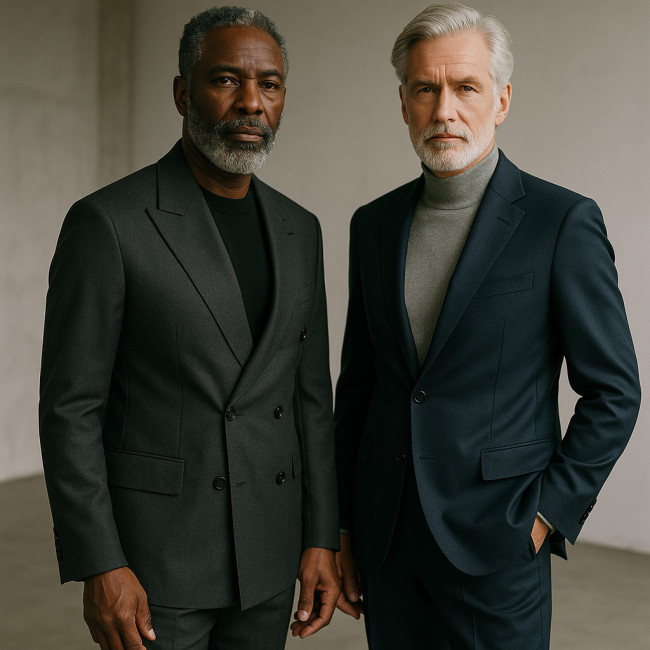 Two senior male models in modern menswear suits