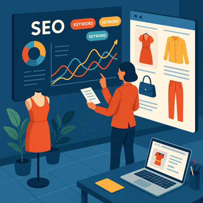 designer examining SEO analytics for an online fashion portfolio