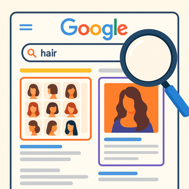 Illustration of search results comparing grid and slideshow hair portfolios