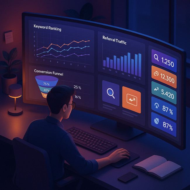 Isometric dashboard displaying SEO KPIs and analytics