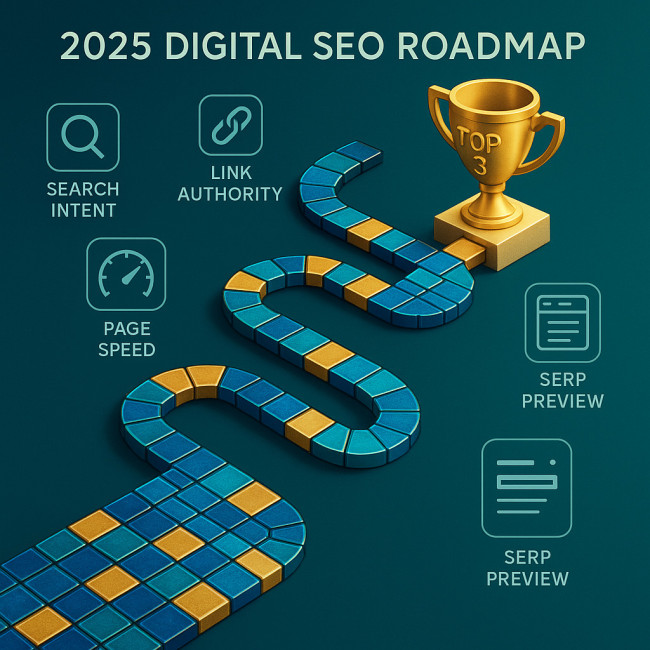 isometric illustration of a 2025 mosaic SEO roadmap