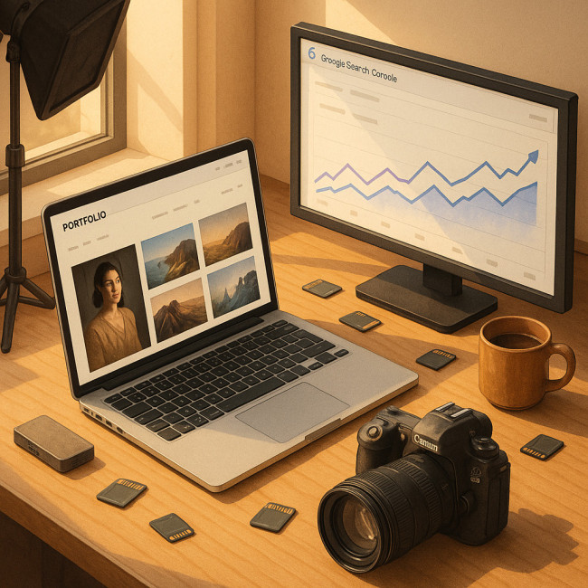 Workspace illustration of a photographer optimising an online portfolio for SEO