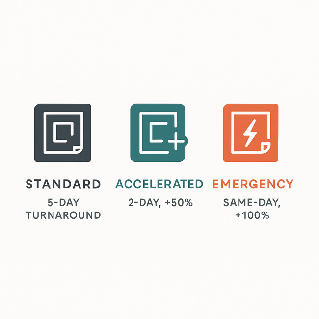 Infographic showing Standard, Accelerated and Emergency pricing tiers