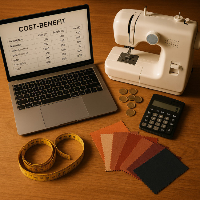 Designer desk with calculator and sewing machine for ROI calculation