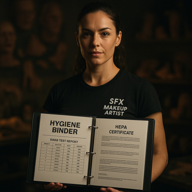 SFX artist displaying hygiene binder
