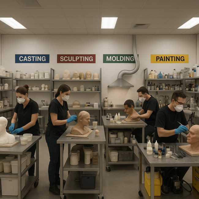 clean SFX makeup lab with color-coded zones