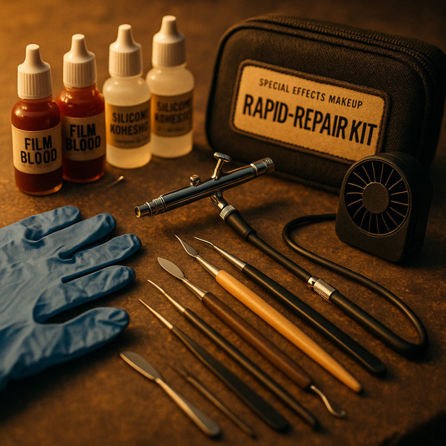 SFX rapid-repair kit neatly organized on film set table