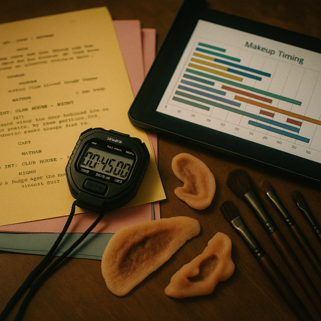 flat lay of script, prosthetics and Gantt chart showing makeup timing