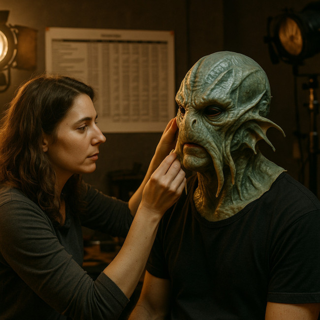 SFX maquilleur applying silicone sea-monster mask next to budget sheets