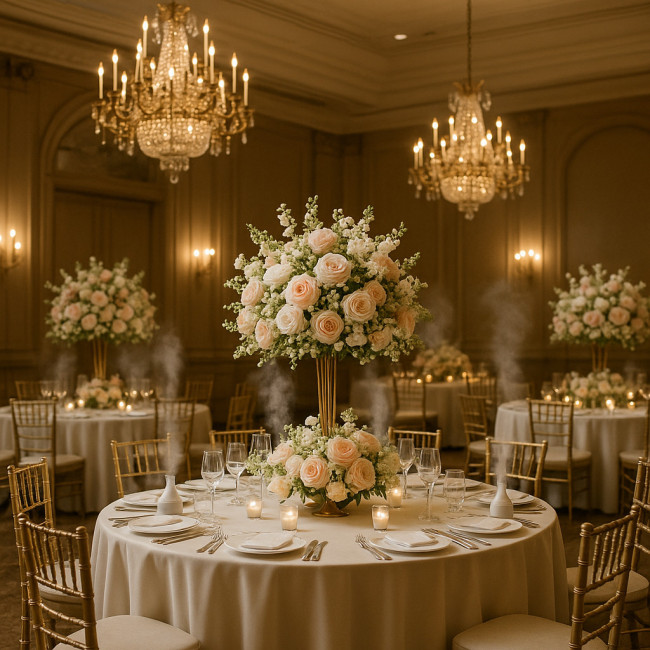 luxury hotel ballroom with floral installations and scent diffusion technology