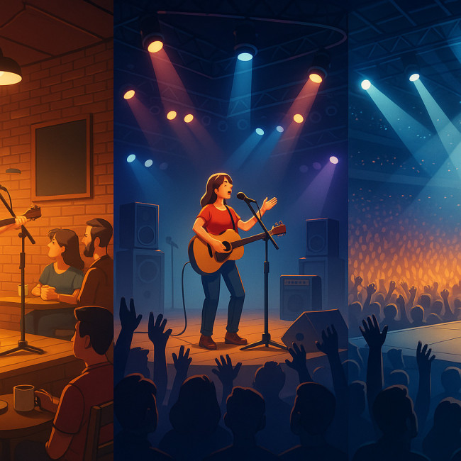 Illustration of singer career path from open mic to stadium