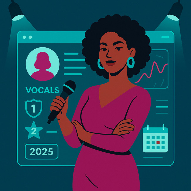 Singer reviewing vocal analytics on a digital profile dashboard