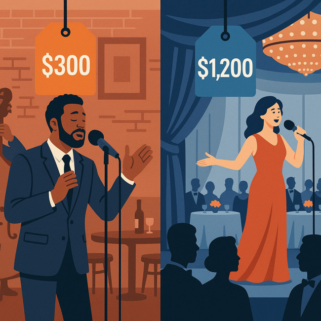illustration showing two singers on different stages with contrasting performance fees