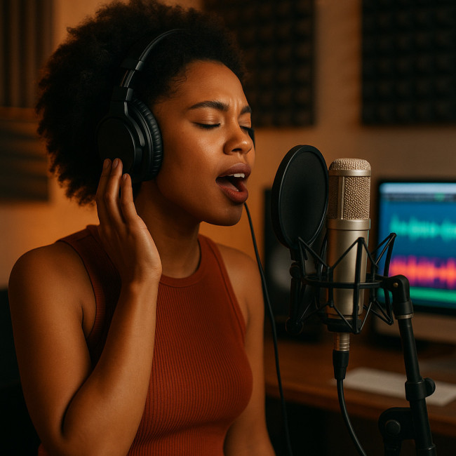 Female singer recording vocals in a modern home studio