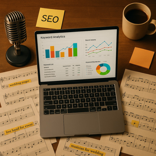 Laptop with keyword charts beside vintage microphone and highlighted sheet music