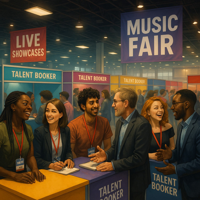 Singer networking with bookers at a busy trade fair