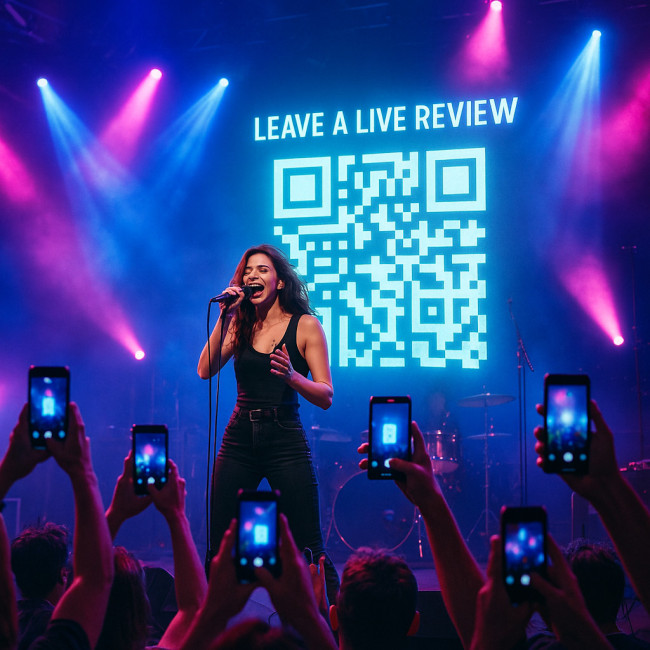 Singer on stage showing QR code for audience reviews