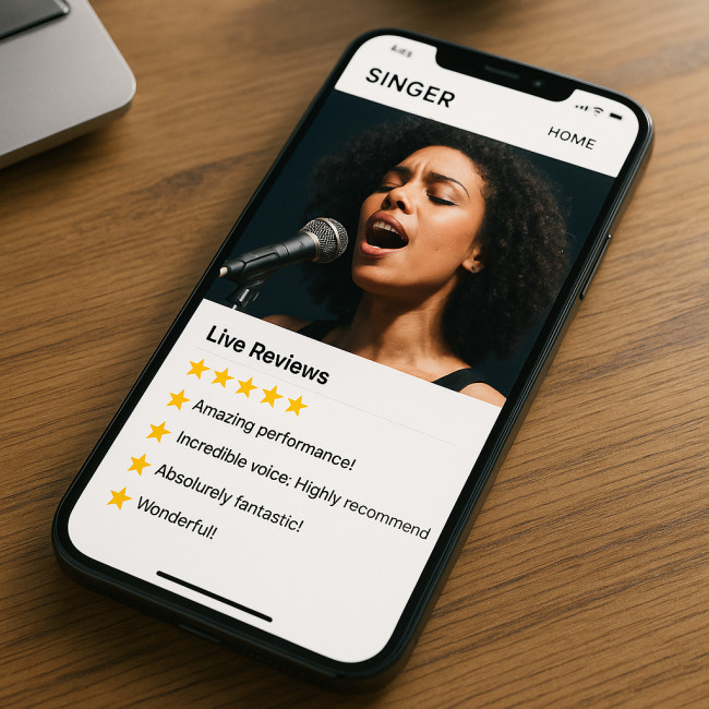 Singer portfolio on phone displaying live reviews