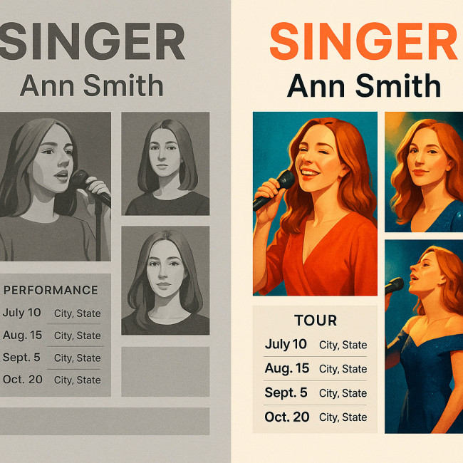 Split-screen illustration of outdated vs refreshed singer portfolio