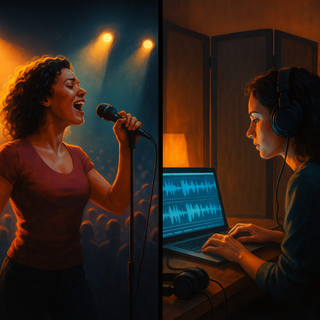 Singer balancing public performance and private demo editing