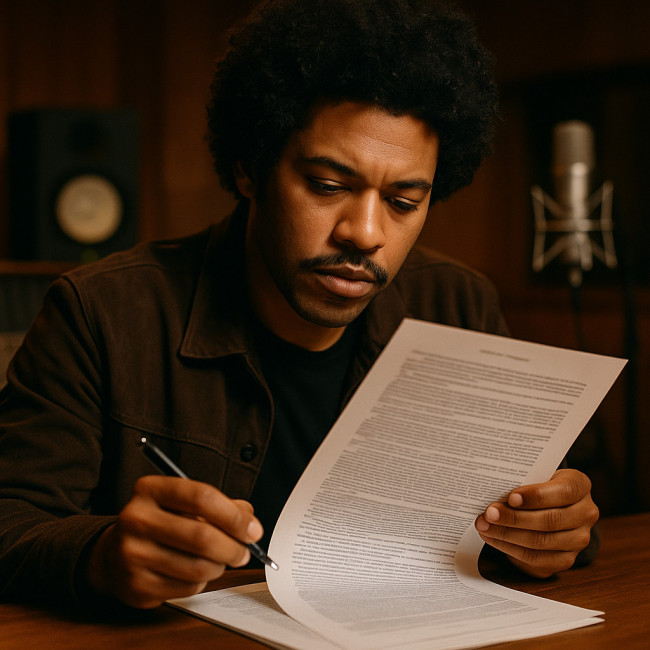 Singer reviewing contract in studio
