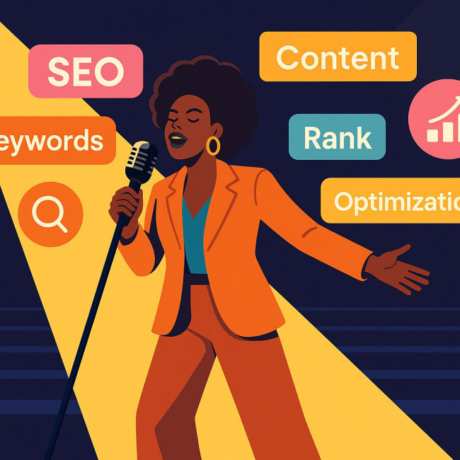 illustration of soul singer with floating SEO keywords