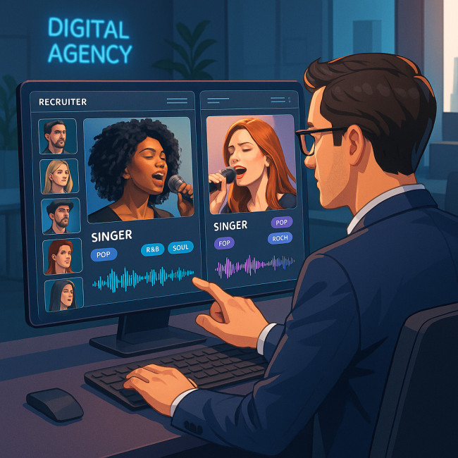 Recruiter viewing side-by-side singer shortlist dashboard