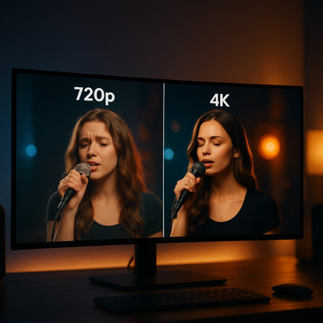 Split-screen of low and high resolution singer showreel