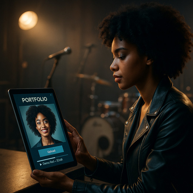 Singer updating portfolio on tablet