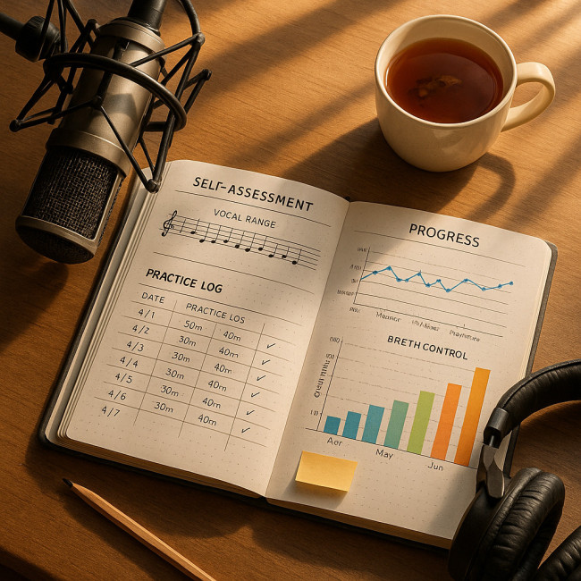 open singer workbook next to microphone and headphones