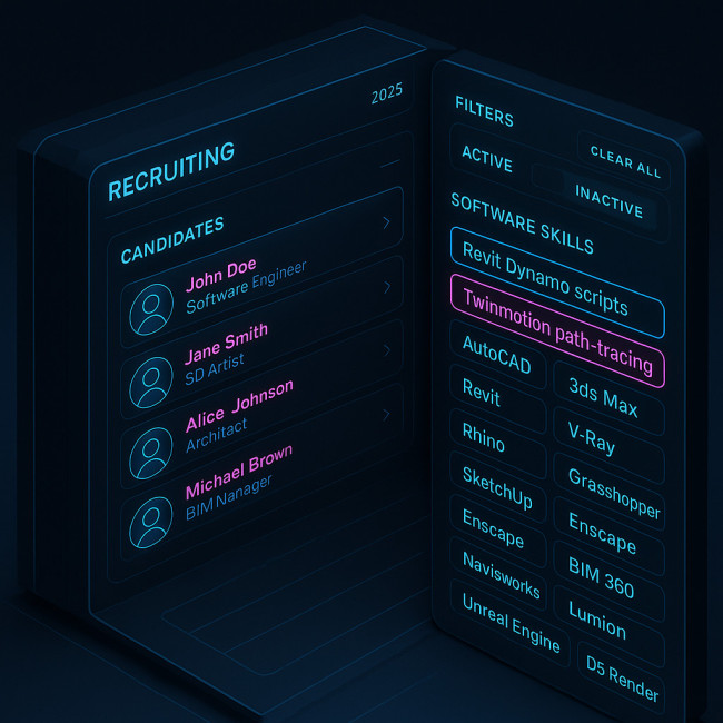 Futuristic directory interface with software skill filters