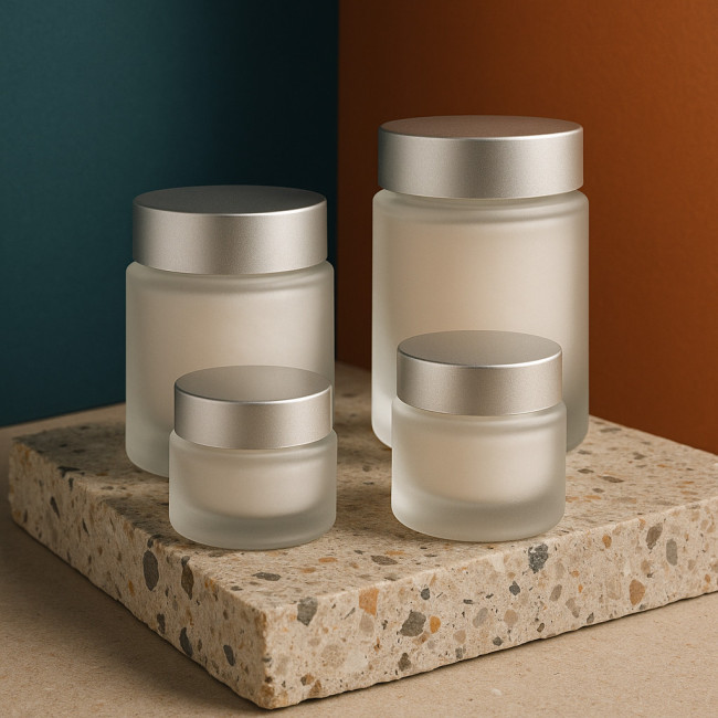 Frosted glass skincare jars on terrazzo plinth