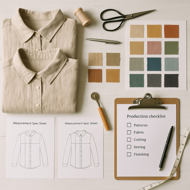 indie fashion studio flat lay with linen shirts and production checklist