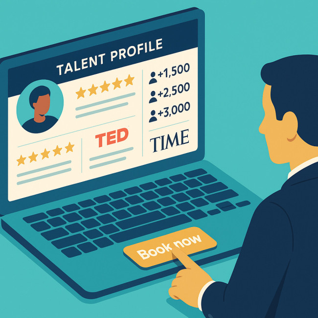 illustration of profile with reviews and booker clicking book button