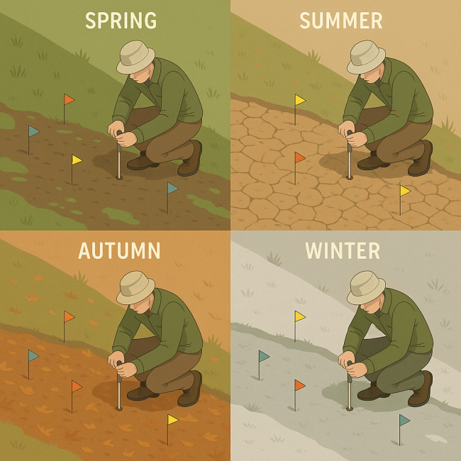 Infographic of land artist testing soil across four seasons