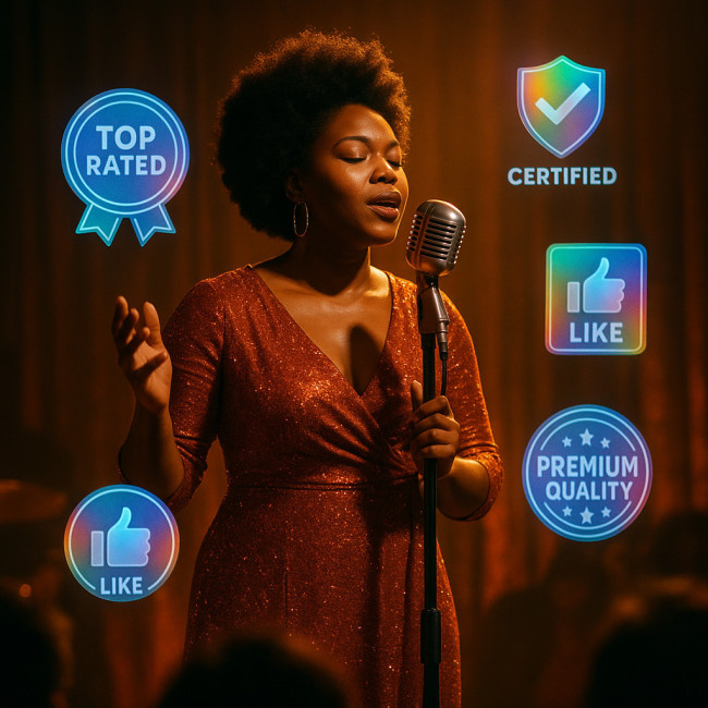Soul singer on stage surrounded by floating digital badges